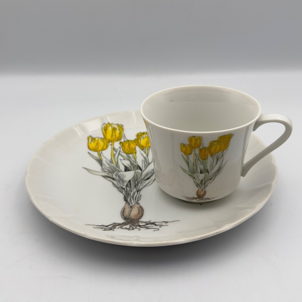 Mann Fine China Tulip Botanical Tea Cup and Snack Plate Saucer Set Yellow White‎